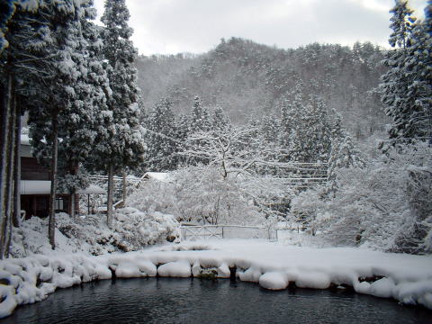 雪景色（つり堀の池の上のほうから南を見た景色）